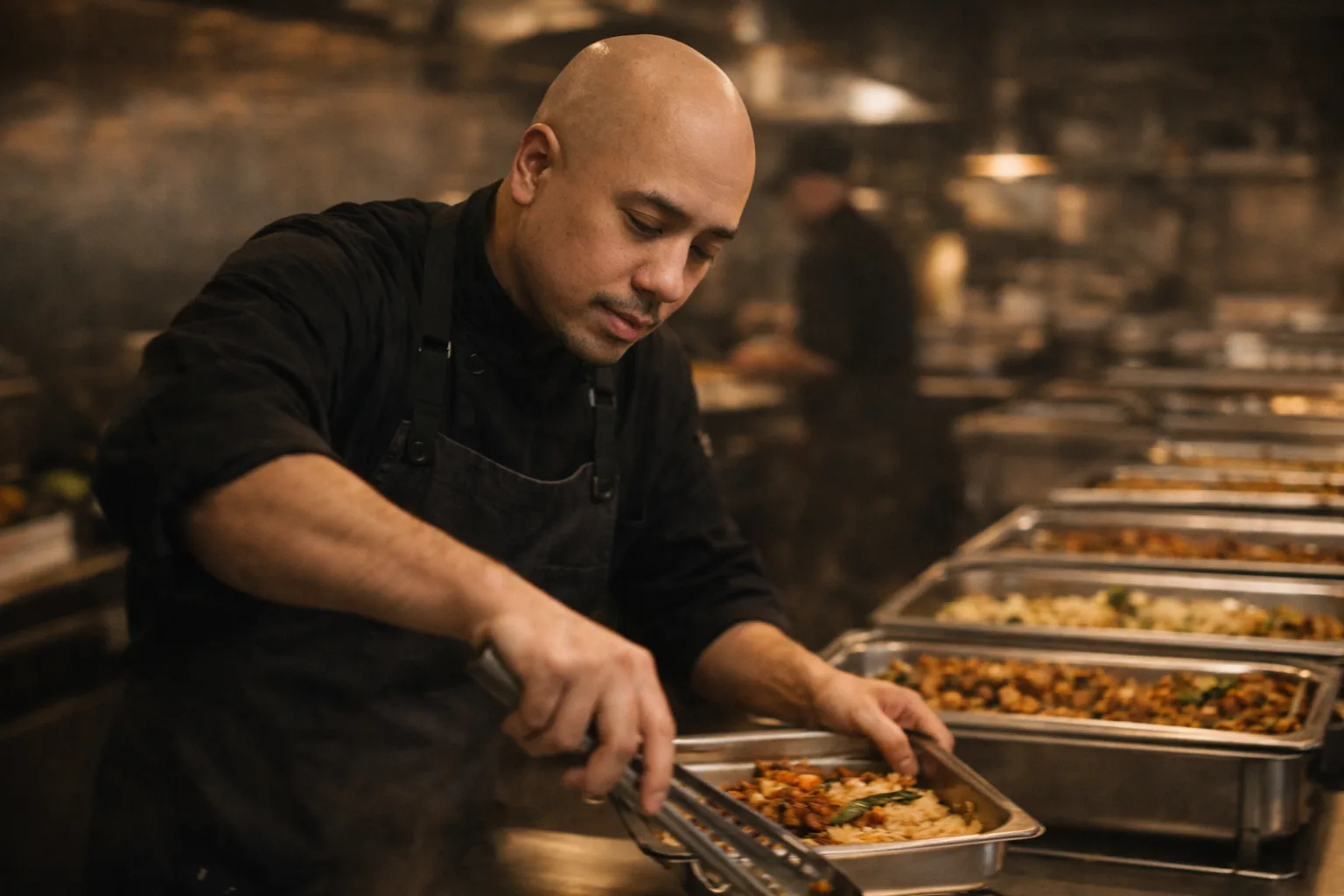 Chef Paolo Nucum preparing catering trays in a professional kitchen